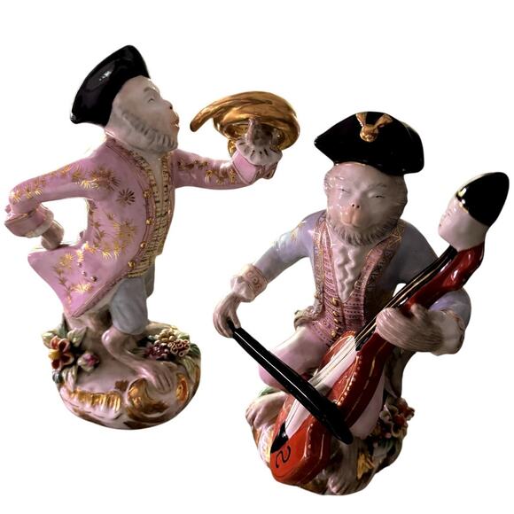 Meissen Style French Porcelain Monkey Band Figurines Set (2) - Picture 1 of 3